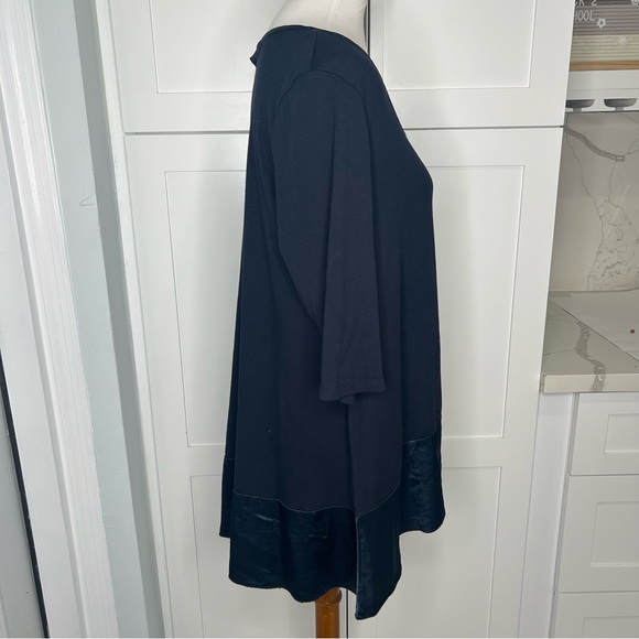 PJ Harlow Kiki Navy Rib Knit Top Size Large Cotton Blend Swing Satin Trim  USA - Picture 4 of 7